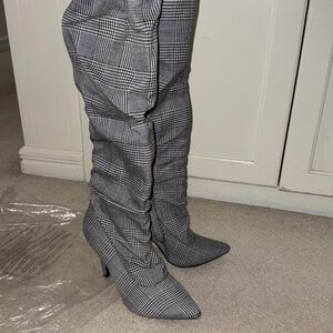 Plaid Pointed-Toe Knee-High Stiletto Boots